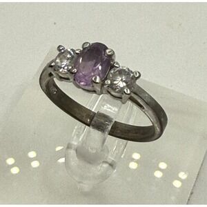 Sterling Silver Three-Stone Ring Purple Amethyst & CZ Accents  Size 8 .925‎